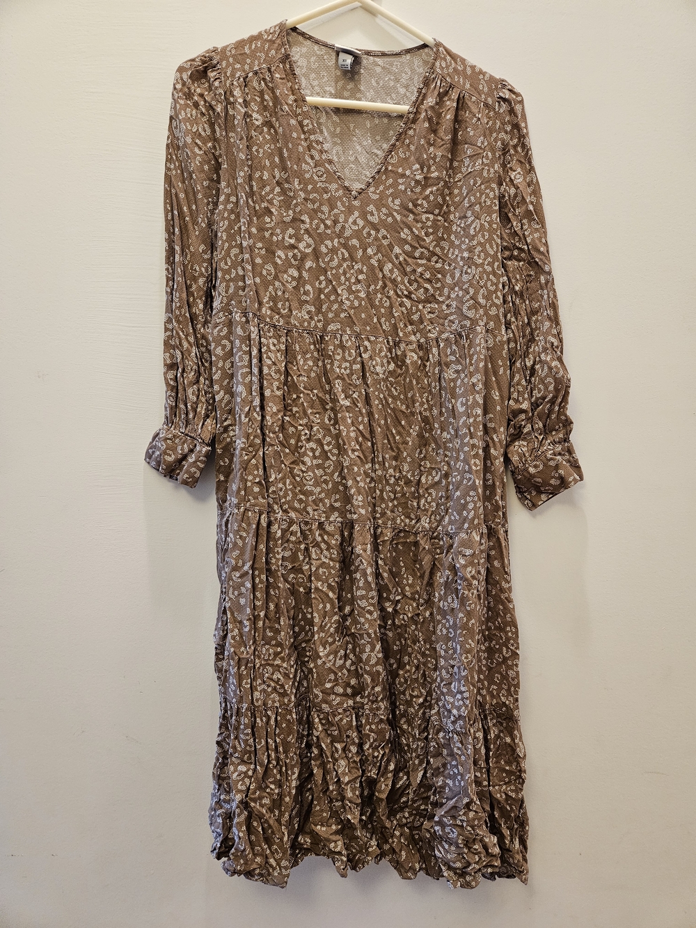 Brown Printed V-Neck Tiered Midi Dress